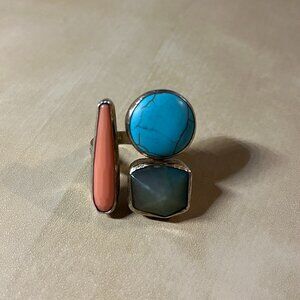 Vintage 925 Sterling Silver Turquoise/Coral/Fluorite Gemstone Ring